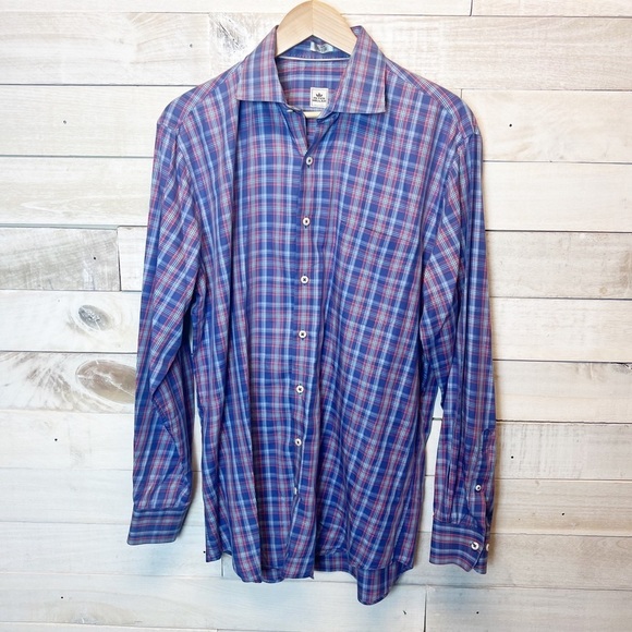 Peter Millar Plaid Button Up Shirt Mens Size Large Blue Pink Pocket - Picture 1 of 11